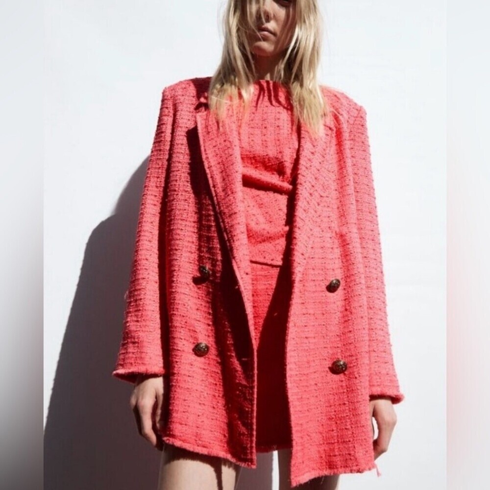 Zara Coral Salmon Pink Tweed Textured Lightweight Oversized Blazer M